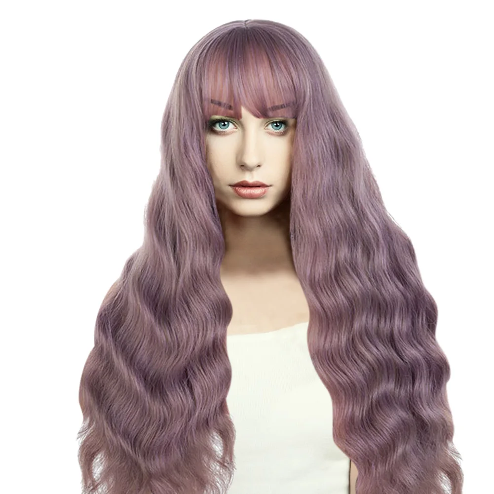2019 Long Loose Curly Wig Fluffy Wavy Smoke Purple Hair Synthetic