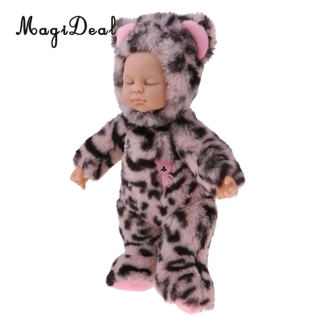 Cute Sleeping Baby Doll Stuffed Doll Leopard Print Clothes Kids Plush Toys For Christmas Gift Baby Doll Reborn Baby Kids Toys