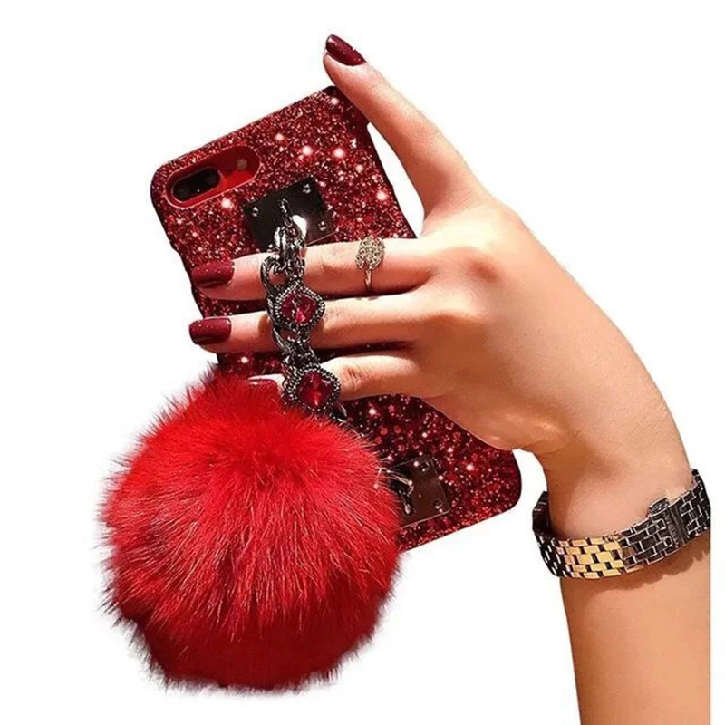 

For iPhone XS Max XR Case Glitter Luxury Bling Diamond Gem Bracelet Chain Tassel Fox Fur Ball Cover For iPhone 7 8 Plus 6 S Case