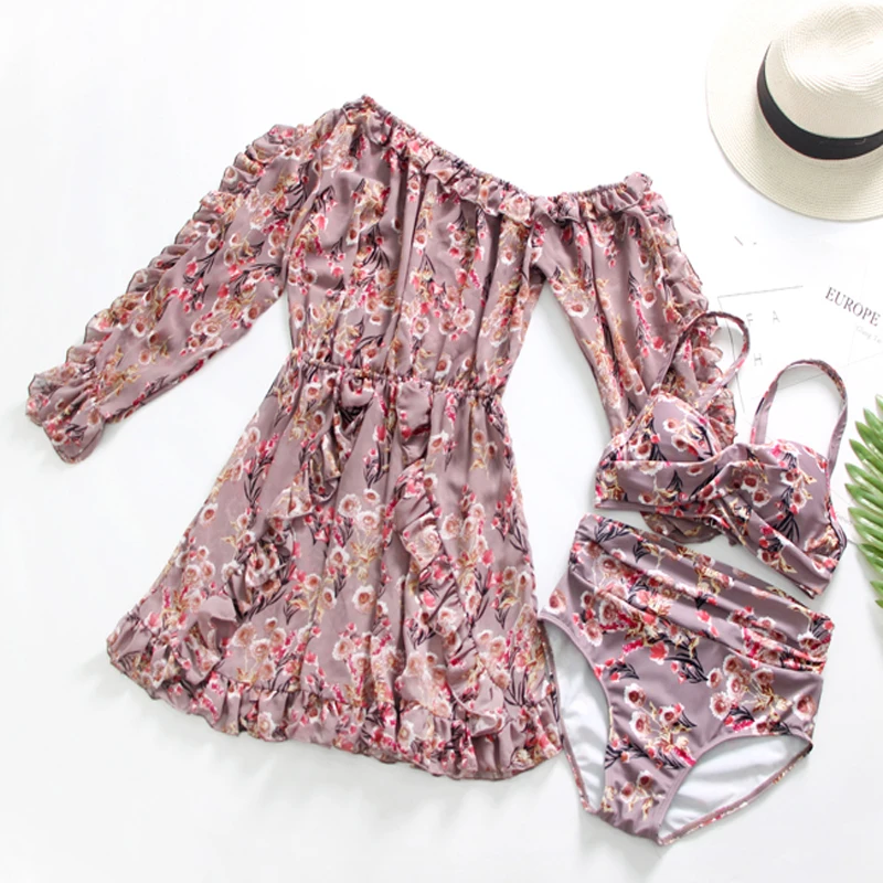 Summer Women High Waisted Bikini Swimsuit Floral Printed Three Piece Beachwear Bathing Suit Quick Dry Sexy Triangle Bikinis Set4