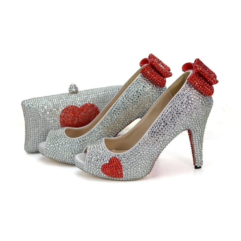 New Customized Silver with Heart Shape Red Rhinestone Wedding Shoes Peep Toe Cinderella Prom Party Pumps with Matching Purse
New Customized Silver with Heart Shape Red Rhinestone Wedding Shoes Peep Toe Cinderella Prom Party Pumps with Matching Purse