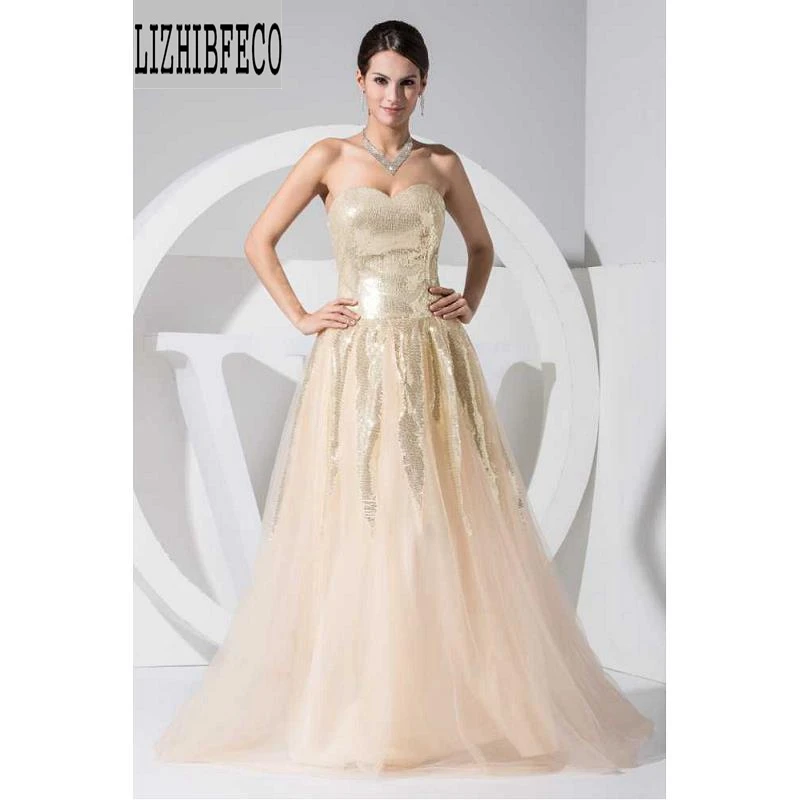 Champagne Tulle Sequined Strapless Sweetheart Floor-Length A-line Formal Evening Dresses Sleeveless Custom made
Champagne Tulle Sequined Strapless Sweetheart Floor-Length A-line Formal Evening Dresses Sleeveless Custom made