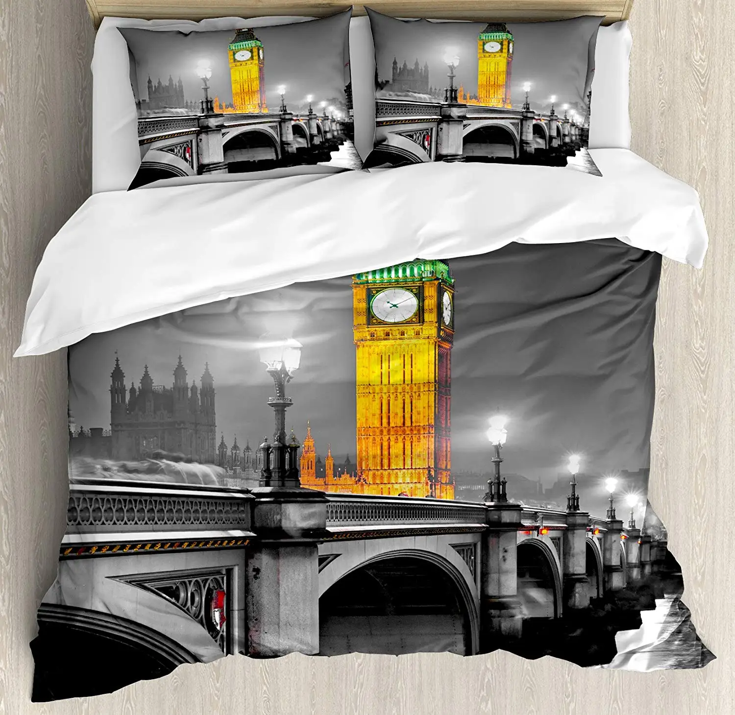 

London Duvet Cover Set King Size The Big Ben The Westminster Bridge at Night in UK Street River European Look Bedding Set