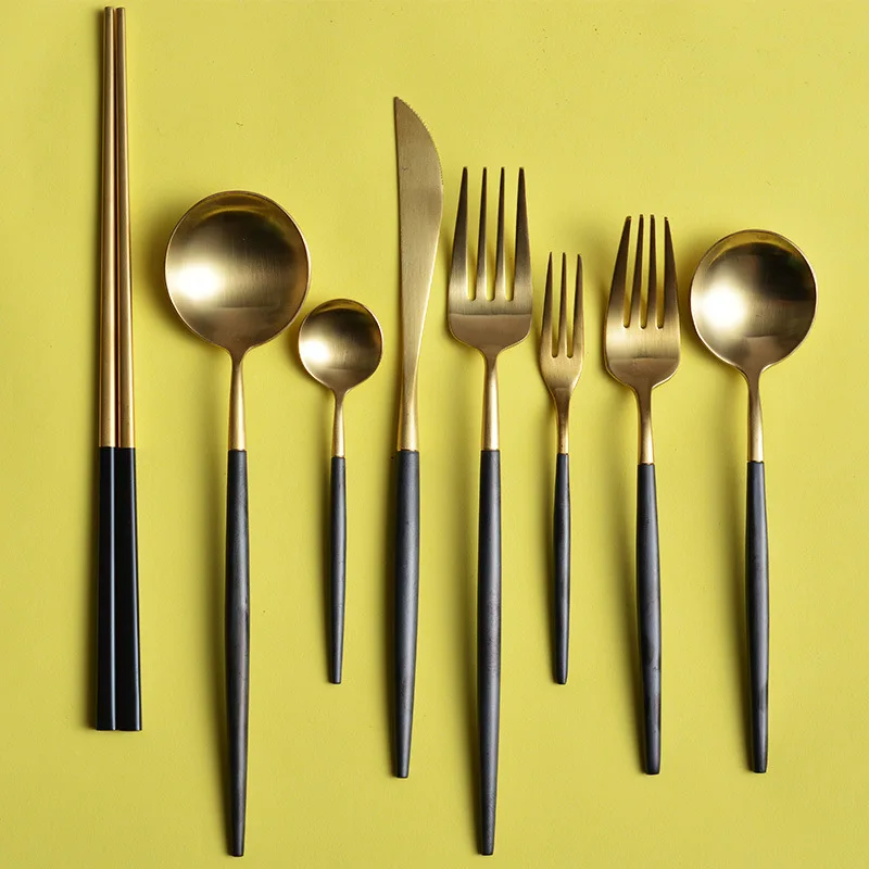 2019 Stainless Steel Black Gold Cutlery Set Fork Spoon Knife Christmas Dinnerware Set for Wedding Gift tableware set
2019 Stainless Steel Black Gold Cutlery Set Fork Spoon Knife Christmas Dinnerware Set for Wedding Gift tableware set