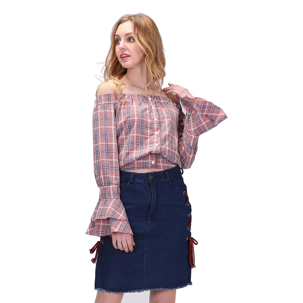 Dioufond Elegant Off shoulder blouse shirt Women plaid cotton blouse chemise femme blusas Summer flare sleeve shirt Women Tops
Dioufond Elegant Off shoulder blouse shirt Women plaid cotton blouse chemise femme blusas Summer flare sleeve shirt Women Tops