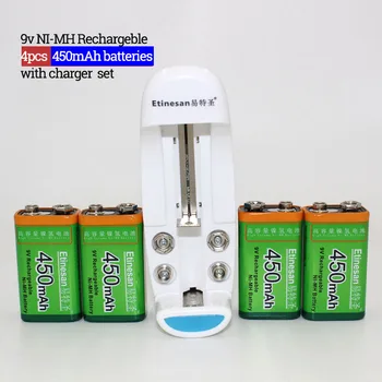 Etinesan 4pcs 9v 450mAh Ni-MH Rechargeable Battery + Charger Apply to 9V AA AAA 18650 CR123A CR2 14500 14505 batteries
Etinesan 4pcs 9v 450mAh Ni-MH Rechargeable Battery + Charger Apply to 9V AA AAA 18650 CR123A CR2 14500 14505 batteries