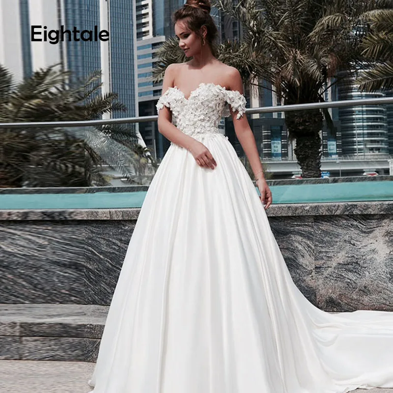 

Eightale Satin Wedding dresses Beach Sweetheart Appliques Train Boho Wedding Gowns Off the Shoulder A-Line Simple Bride Dress