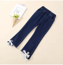 4-12Y Fashion Lace Bow Elastic Spring Autumn Demin Girls Jeans Pants Trousers KL-1809