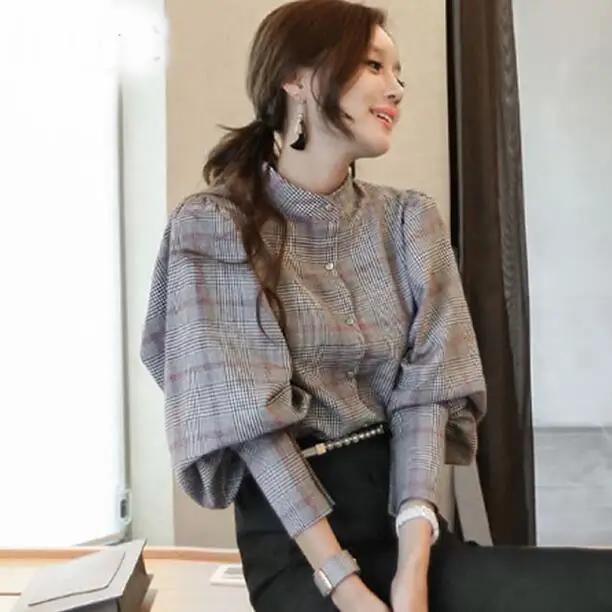 spring autumn plaid top women back bow tie slim lantern sleeve blouses high quality work business runway blouses DF253
spring autumn plaid top women back bow tie slim lantern sleeve blouses high quality work business runway blouses DF253