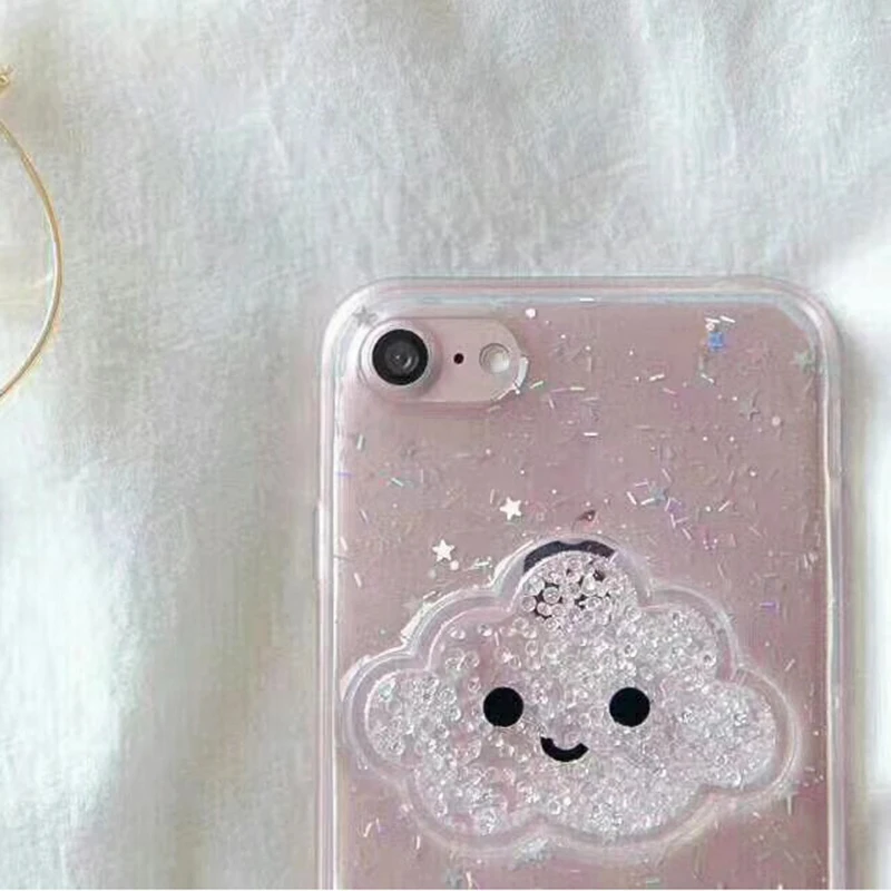 Cute Glitter Powder Smile Face Clouds Mobile Phone Case For iPhone X Soft TPU Dynamic Beads Back Cover For iphone 6 6s 7 8 Plus Case (3)