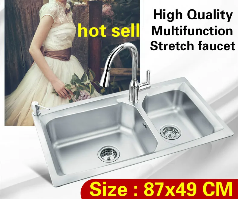 

Free shipping Home stretch faucet wash vegetables kitchen double groove sink 304 stainless steel luxury big hot sell 870x490 MM