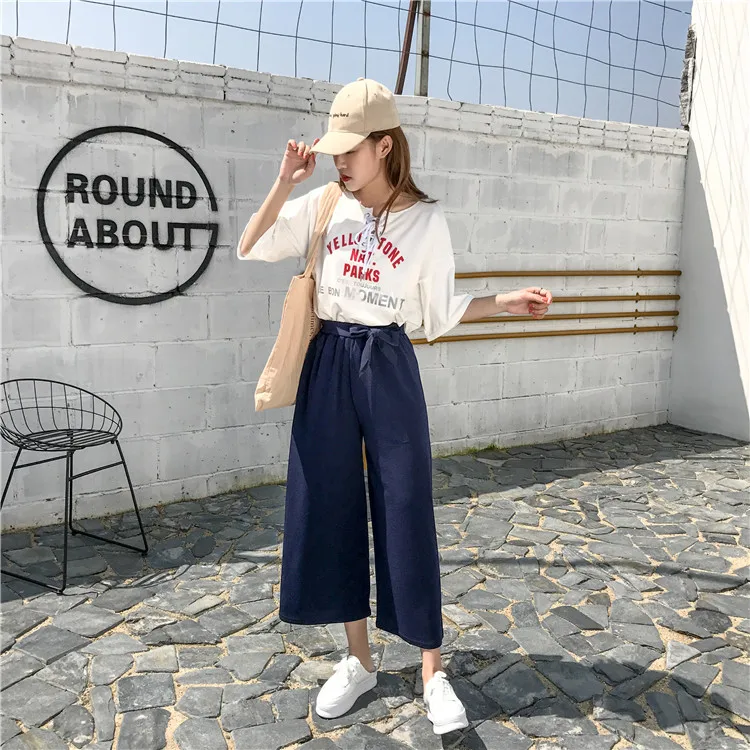 Plus Size - Casual Elastic Waist Loose Wide Leg Pants Preppy Style Trousers Female Palazzo Pants (Us 18W-20W)
