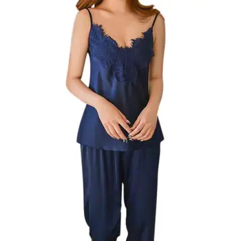 Women's Solid Clothes For Summer Pants Sets V-Neck Sleepwear Satin Pajama Women's Spaghetti Strap Lace Sexy Set
Women's Solid Clothes For Summer Pants Sets V-Neck Sleepwear Satin Pajama Women's Spaghetti Strap Lace Sexy Set