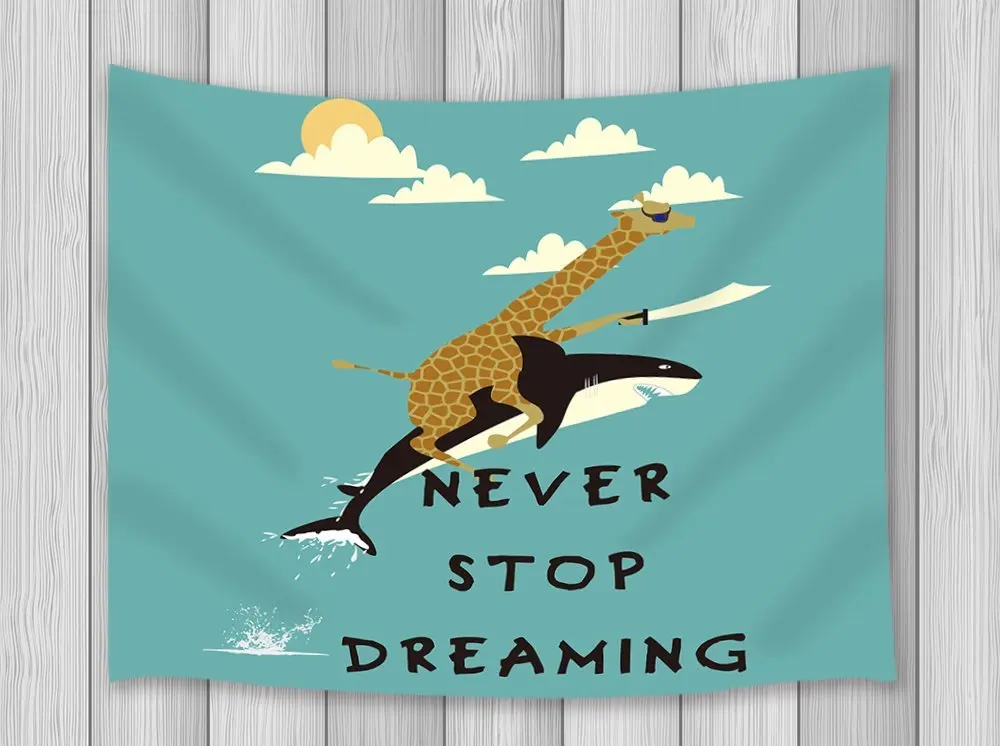

Animal Decor Tapestry Giraffe On Dolphin Fly Never Stop Dreaming Designed Theme Print Wall Art Hanging for Bedroom Living Room