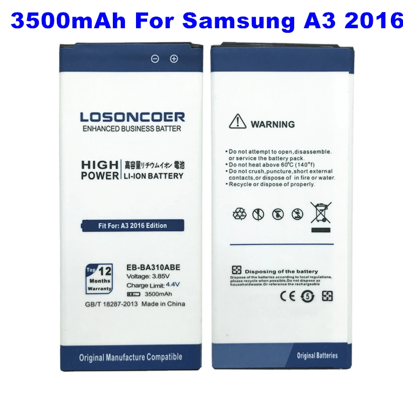 LOSONCOER 3500mAh EB-BA310ABE Battery For Original Samsung Galaxy A3 2016 Edition A310F A310 Battery
LOSONCOER 3500mAh EB-BA310ABE Battery For Original Samsung Galaxy A3 2016 Edition A310F A310 Battery