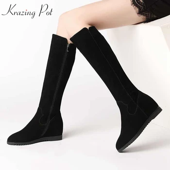 Krazing Pot 2019 cow suedde long boots wedges high heel round toe women keep warm increasing black color knee-high boots L7f9
Krazing Pot 2019 cow suedde long boots wedges high heel round toe women keep warm increasing black color knee-high boots L7f9