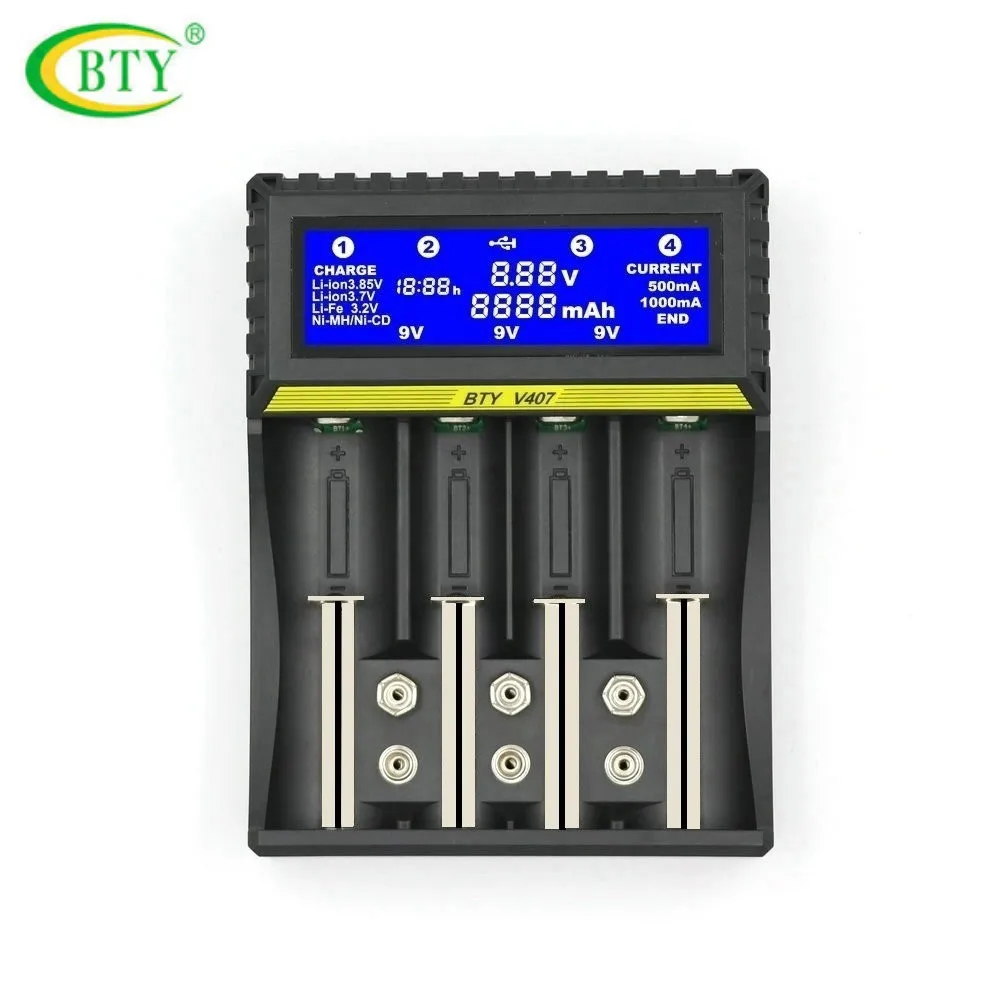 BTY-V407 Charger Li-ion Li-fe Ni-MH Ni-CD Smart Fast Battery Charger For 18650 26650 6F22 9V AA AAA 16340 14500 Battery
BTY-V407 Charger Li-ion Li-fe Ni-MH Ni-CD Smart Fast Battery Charger For 18650 26650 6F22 9V AA AAA 16340 14500 Battery