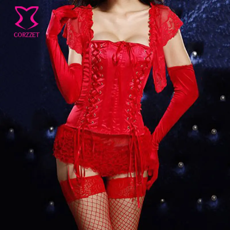 

Red Satin With Lace Short Sleeve Body Korsett For Women Gothic Sexy Corset Burlesque Lingerie Corpetes E Espartilhos Para Festa