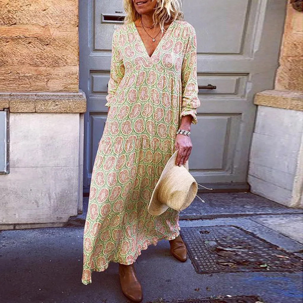 Fashion floral print womens dress 2019 summer new womens holiday V-neck flower print long-sleeved loose casual long dress
Fashion floral print womens dress 2019 summer new womens holiday V-neck flower print long-sleeved loose casual long dress