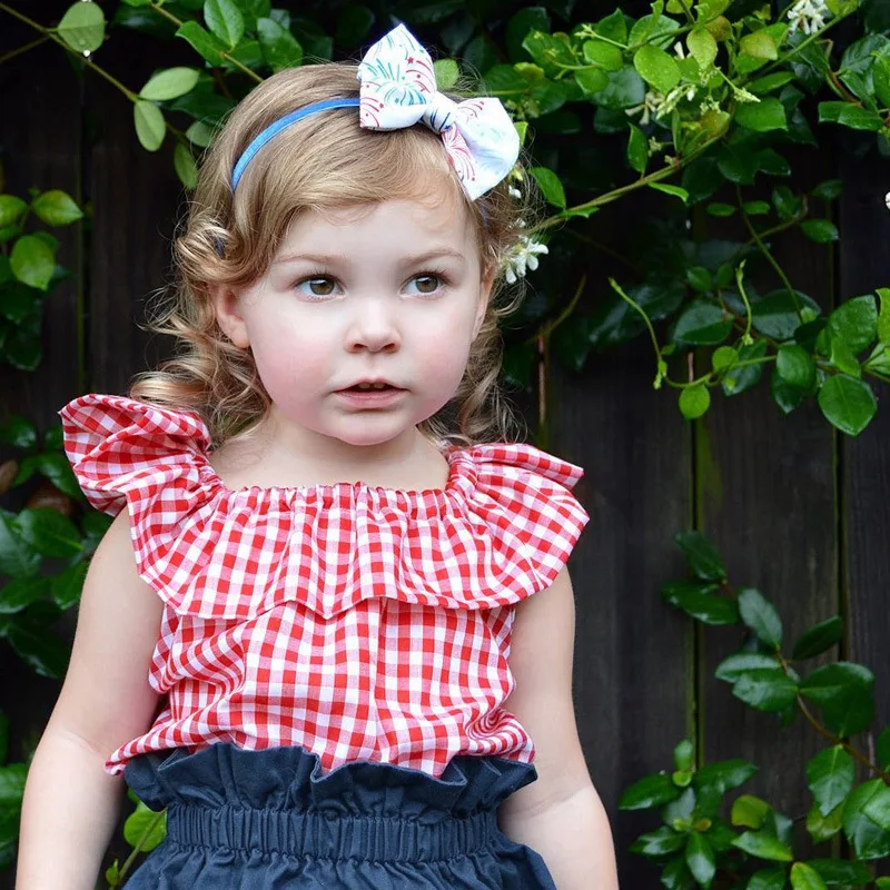 CieiK Summer Baby Girl Clothes Red Plaid Top + Blue Skirt Set Newborn Ruffles Short Sleeves 2PCS Toddler Kids Clothing Set (7)