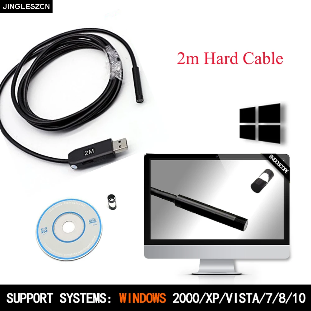 JINGLESZCN USB Endoscope 7MM Lens 2M Mini Camera CMOS Waterproof Endoscopio IP67 Borescope Inspection Snake Video Cam Hard Cable