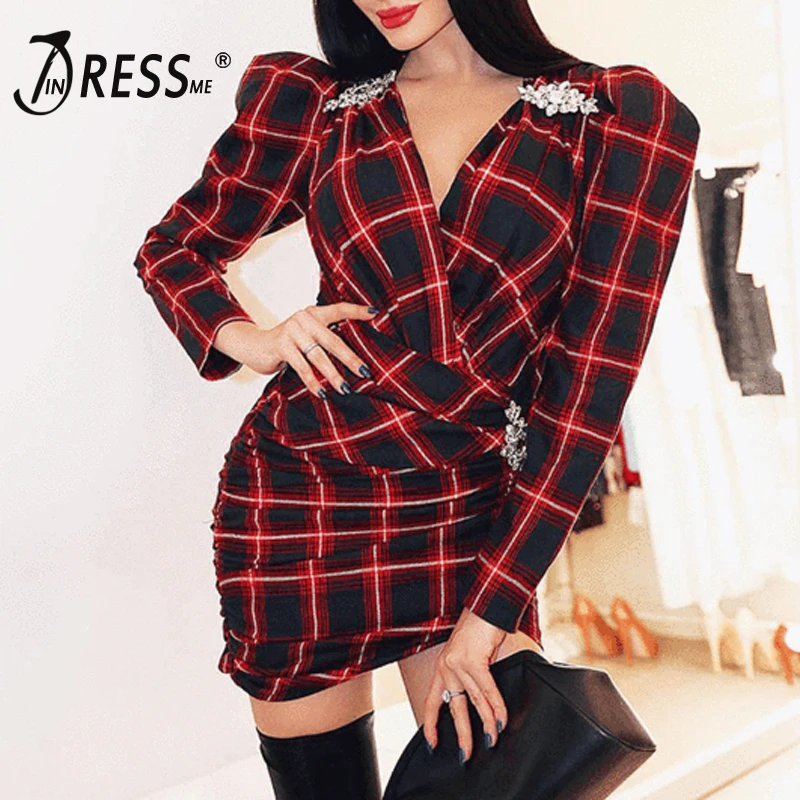 

INDRESSME 2019 New Arrival Puff Long Sleeve Red Check Deep V Neck Slim Ruched Asymmetrical Embellished Mini Tartan Party Dress