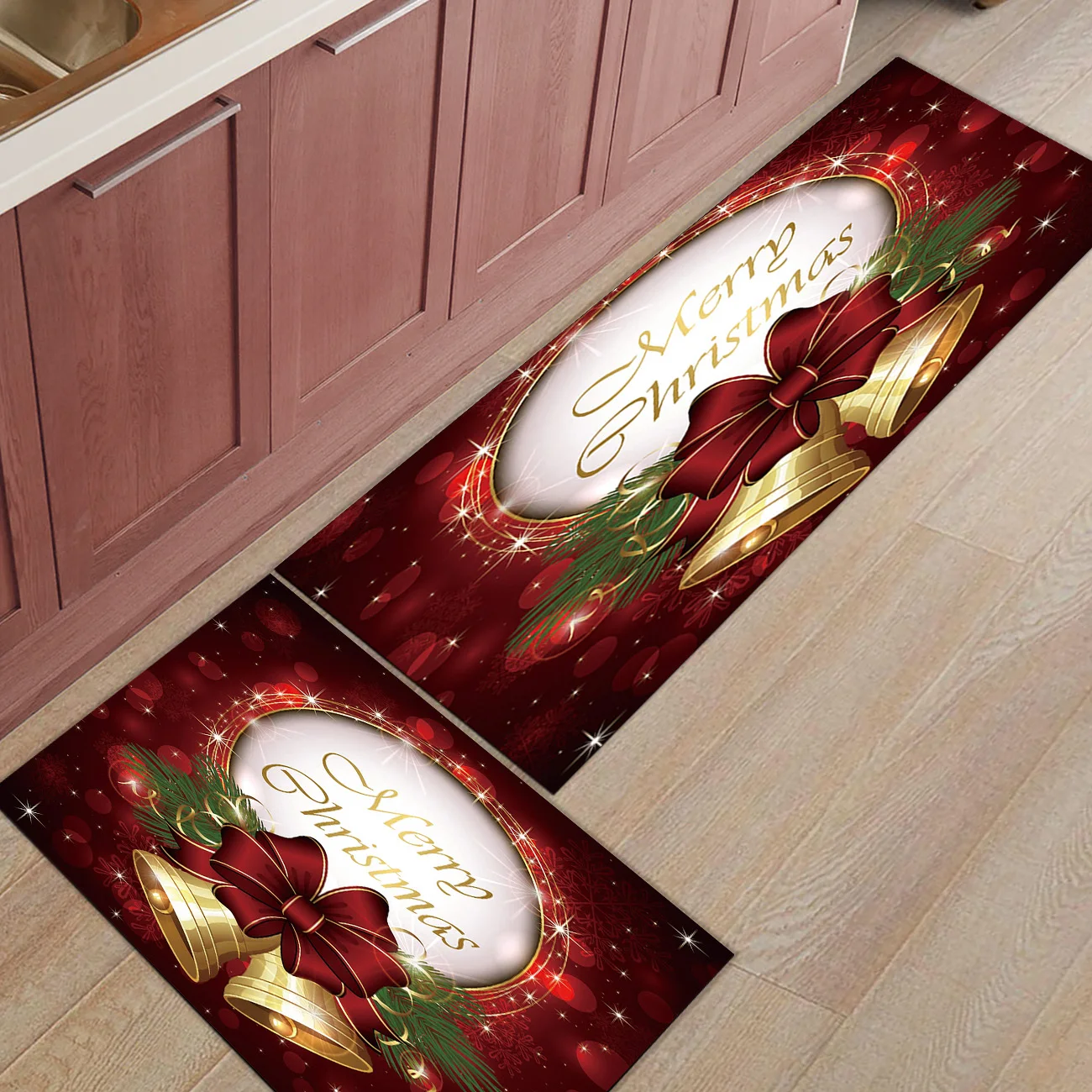 

2pcs/set Merry Christmas Theme Print Doormat Entrance Front Door Rug Bathroom Kitchen Living Room Carpet Anti-Slip Floor Mats