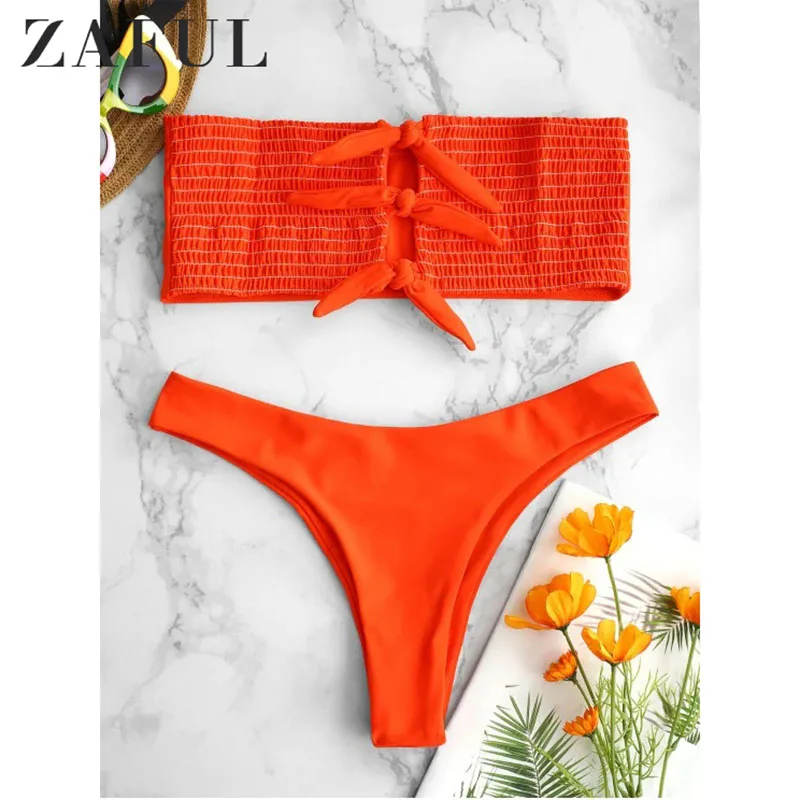 

ZAFUL Women Swimsuit Frilled Smocked Bandeau Bikini Set Solid Color Swimwear Sexy Strapless Ruffle Padded Swimming Suit Biquni