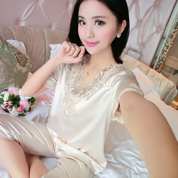 Summer New Sexy Lady Lace Pajamas Set Satin Pyjamas Suit V Neck Nightwear Short Sleeve Sleepwear 2 PCS Shirt&Shorts Home Wear
Summer New Sexy Lady Lace Pajamas Set Satin Pyjamas Suit V Neck Nightwear Short Sleeve Sleepwear 2 PCS Shirt&Shorts Home Wear