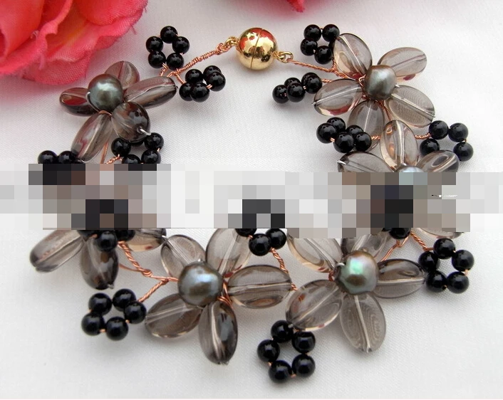 FREE SHIPPING>>>@@ > 08788 Green Pearl&Smoky Quartz&Onyx Bracelet