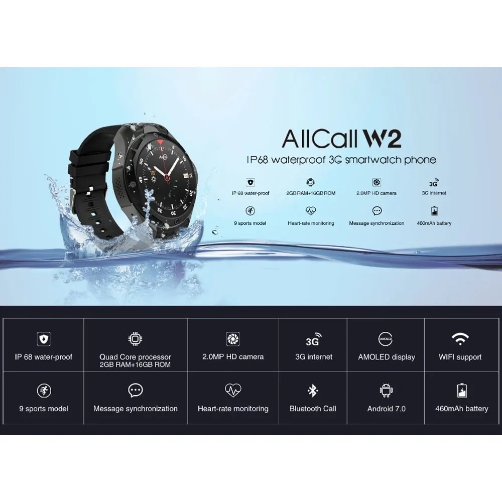 AllCall W2 Android 7 0 MTK 6580 четырехъядерный Смарт часы 1 39 дюймов 3g IP68 водостойкий монитор