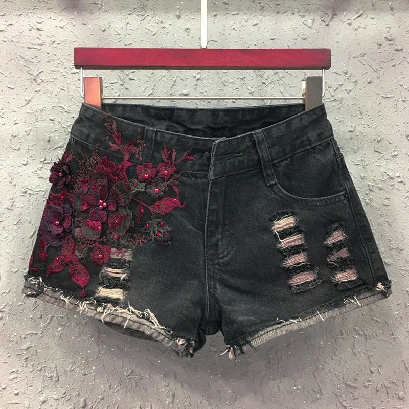 Summer Womens Female Embroideryed Flower Pearls Sequined Black Denim Shorts , Womans Glitters Cuffs Tassel Hole Jeans Shorts
Summer Womens Female Embroideryed Flower Pearls Sequined Black Denim Shorts , Womans Glitters Cuffs Tassel Hole Jeans Shorts
