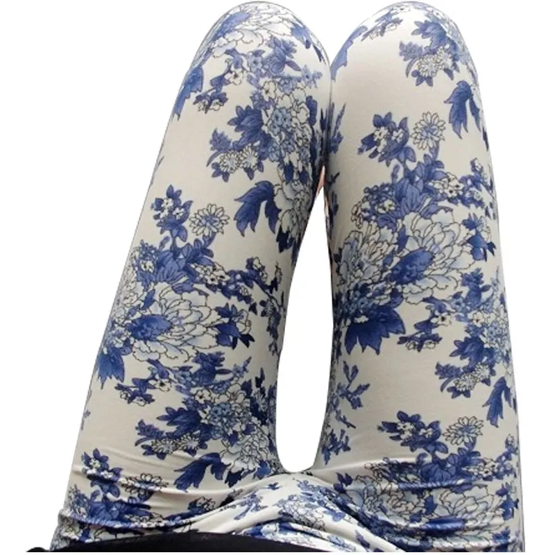 

Ethnic Style Leggings Chinese Landscape Women Pants High Elasticity Flowers Mid Slim Trousers Porcelain Fitness Female Leggings