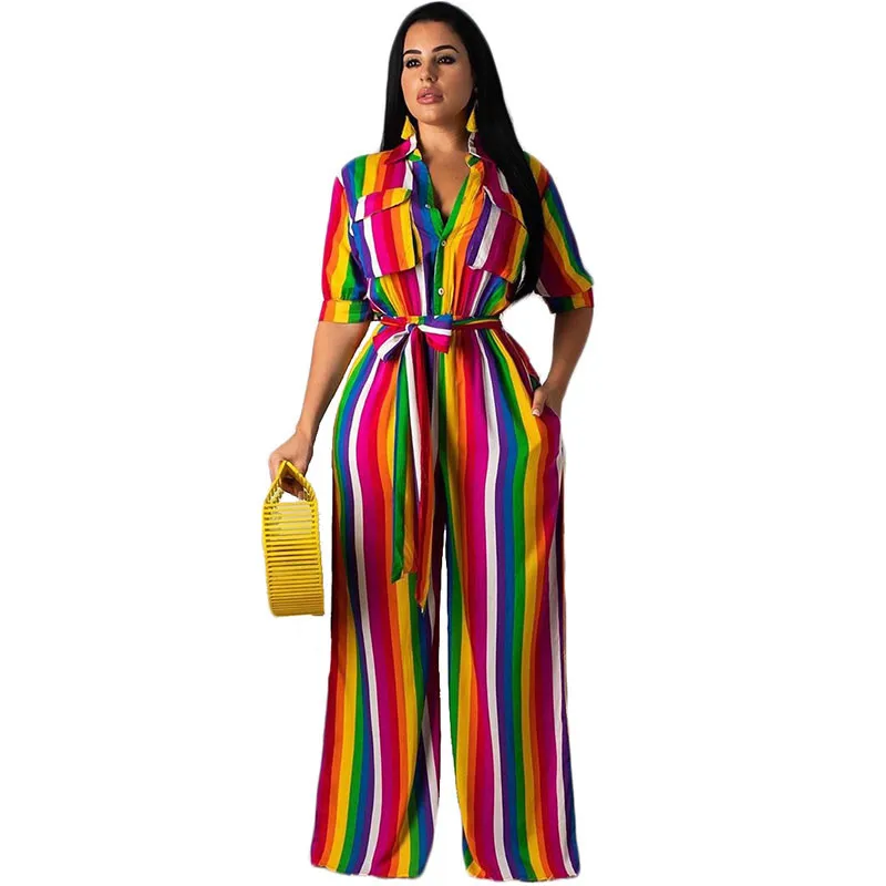 Colorful Striped Wide Leg Jumpsuit Women Turn-down Collar Button-up Pockets Short Sleeve Casual Loose Romper Oversized Overalls
Colorful Striped Wide Leg Jumpsuit Women Turn-down Collar Button-up Pockets Short Sleeve Casual Loose Romper Oversized Overalls