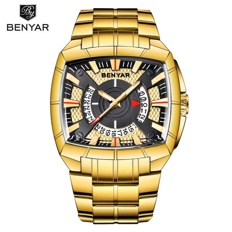 Мужские часы BENYAR брендовые Роскошные деловые золотые из нержавеющей стали