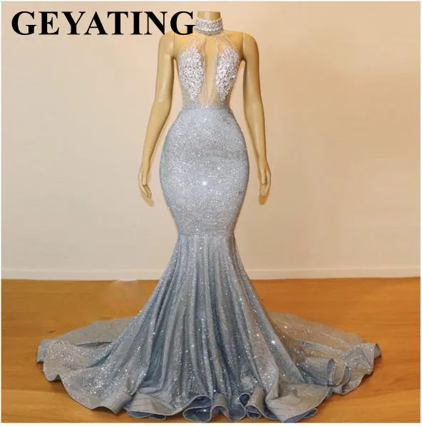 Sparkly Sequin Long Backless Silver Prom Dresses Mermaid High Neck African Formal Evening Gowns Black Girl Graduation Gala Dress
Sparkly Sequin Long Backless Silver Prom Dresses Mermaid High Neck African Formal Evening Gowns Black Girl Graduation Gala Dress