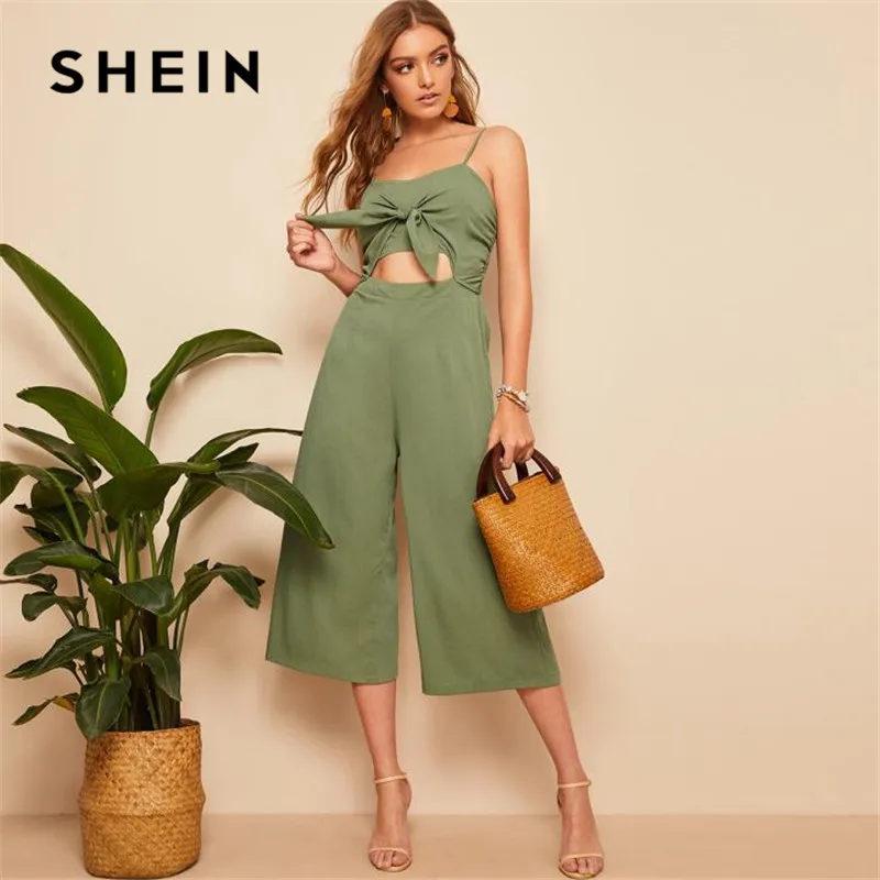 

SHEIN Army Green Knotted Front Shirred Back Cami Women Jumpsuit 2019 Boho Solid High Waist Cut Out Wide Leg Sexy Jumpsuit