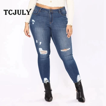 

TCJULY New Arrival Plus Size 6XL 7XL Ripped Jeans Woman Skinny Push Up Stretch Denim Pants Streetwear Bleached Washed Blue Jeans