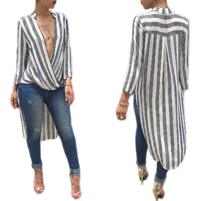 2019 new sexy Women Loose Long Sleeve deep v-neck Cotton striped Blouses Casual Blouse Shirt Tunic Tops Fashion irregular Blouse
2019 new sexy Women Loose Long Sleeve deep v-neck Cotton striped Blouses Casual Blouse Shirt Tunic Tops Fashion irregular Blouse