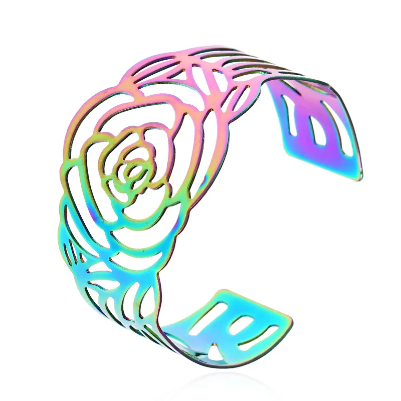 Women's Exaggerated Colorful Bangle Bracelets Fashionable Wide Hollowed Out Metal Rose Open Arm European and American Trendy | Украшения
