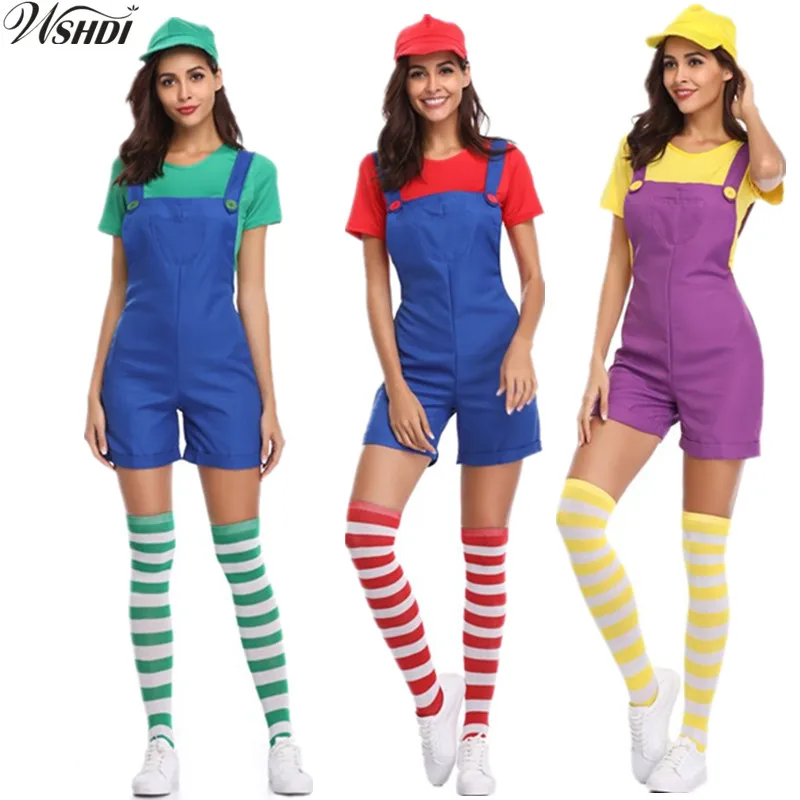 Sexy Women Halloween Super Mario Luigi Bros Costume Adult Funny Mario Bros Plumber Cosplay Jumpsuit +Sock+Hat
Sexy Women Halloween Super Mario Luigi Bros Costume Adult Funny Mario Bros Plumber Cosplay Jumpsuit +Sock+Hat