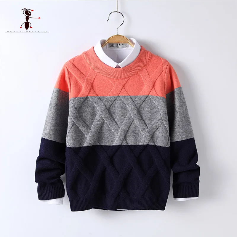 

Kung Fu Ant Patchwork Pattern Casual Style Autumn Knitted Boys Sweaters for Hot Students 5T-12T Woolen Clothes M1511