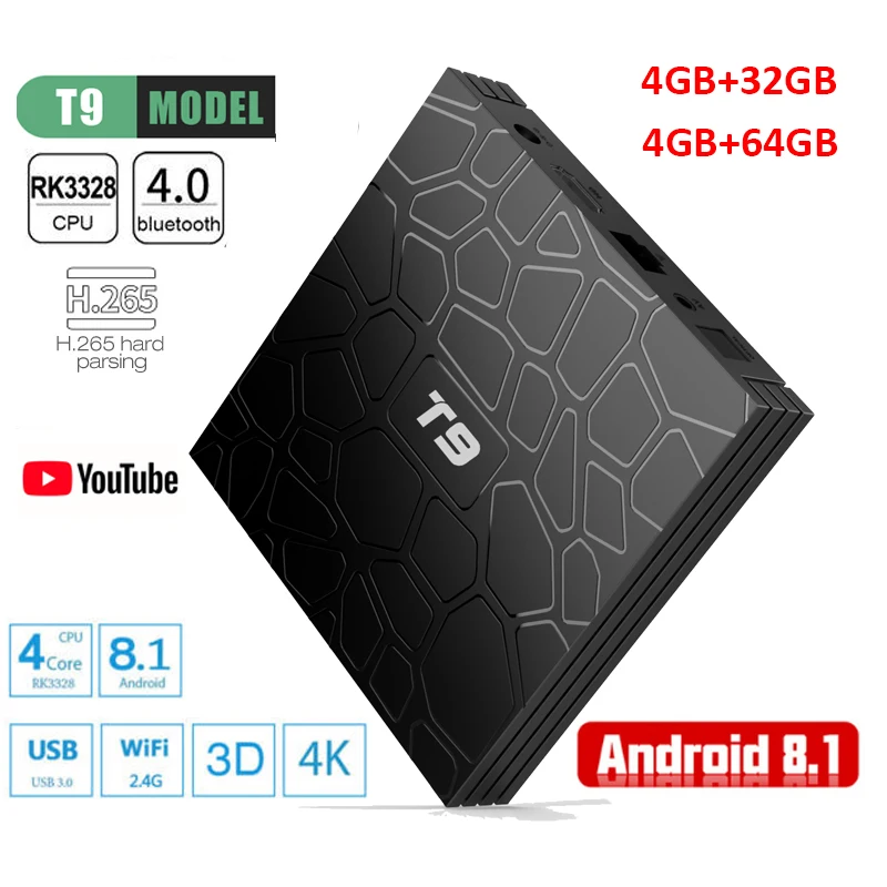 

Android 8.1 TV Box T9 4GB Ram 32GB/64GB ROM RK3328 Quad Core WIFI 2.4G 1080P HDMI2.0 H.265 4K Google Player Netflix smart tv box