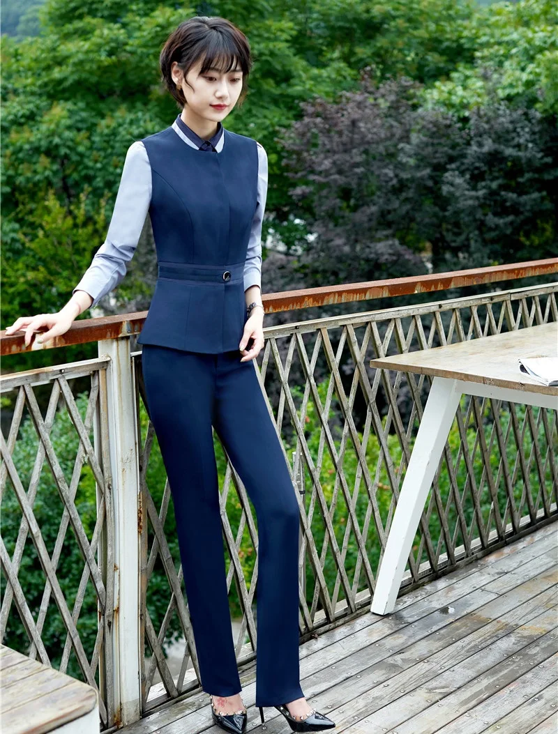 Women Business Suits with Pant and Top Sets Dark blue Vest Waistcoat Sets Elegant Ladies Office Uniform Styles
Women Business Suits with Pant and Top Sets Dark blue Vest Waistcoat Sets Elegant Ladies Office Uniform Styles