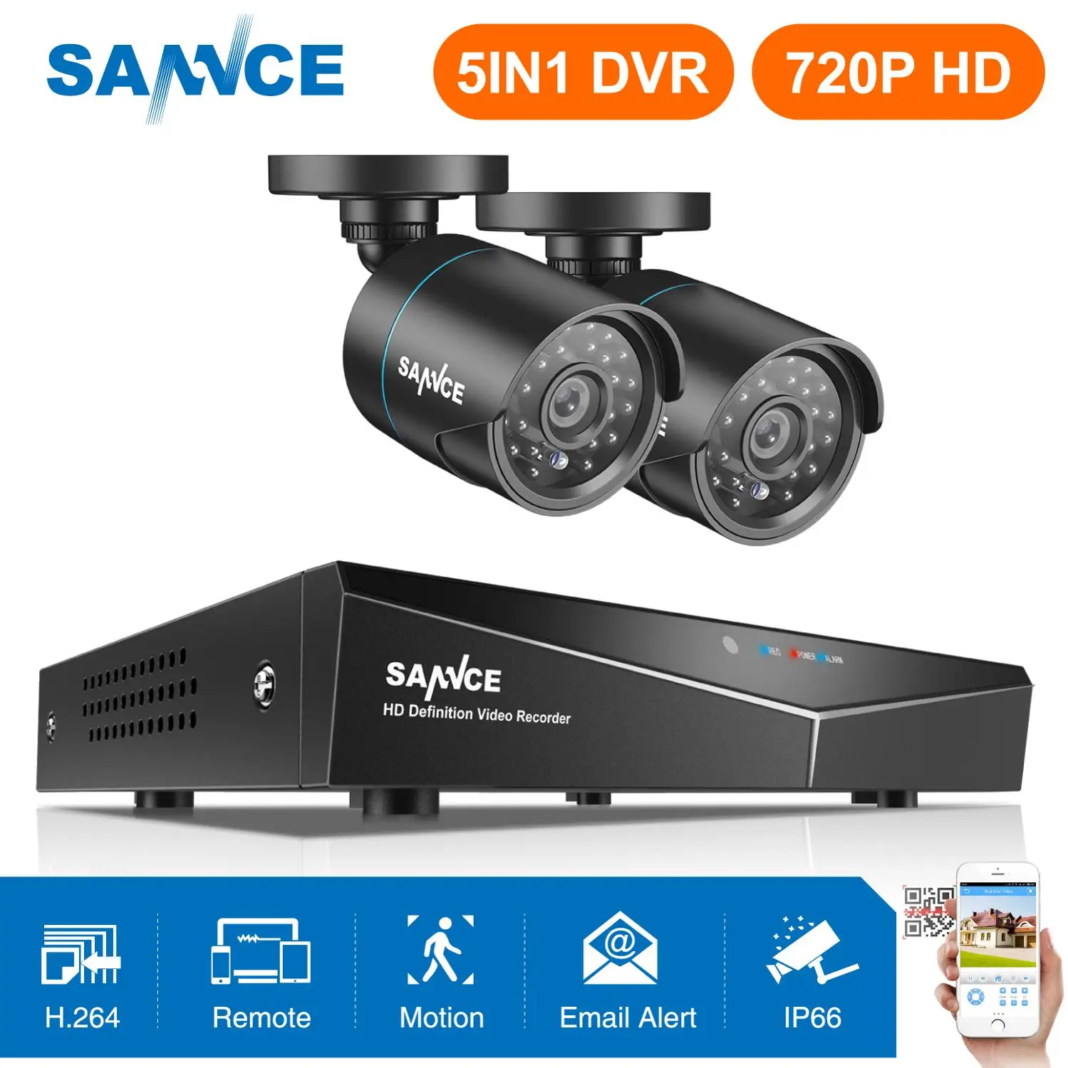 

SANNCE 4CH 720P Video Security System 5in1 1080N HDMI DVR With 2X 100W TVI Bullet Camera Outdoor Weatherproof CCTV Set Home Kit
