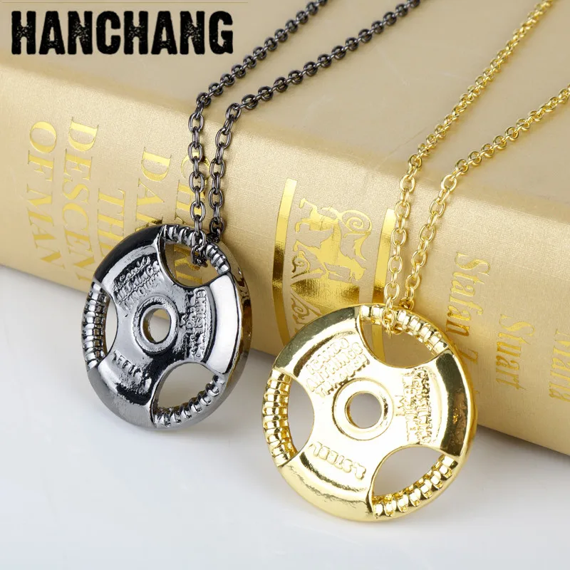 Image Funny Jewelry Steering wheel dumbbell Pendants Necklace Metal Link Chain Necklace Fitness Gym Exercise Fashion Collier Necklace