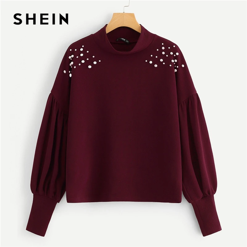 

SHEIN Burgundy Mock Neck Pearl Embellished Drop Shoulder Sweatshirt Long Sleeve Pullover Women Autumn Minimalist Sweatshirts