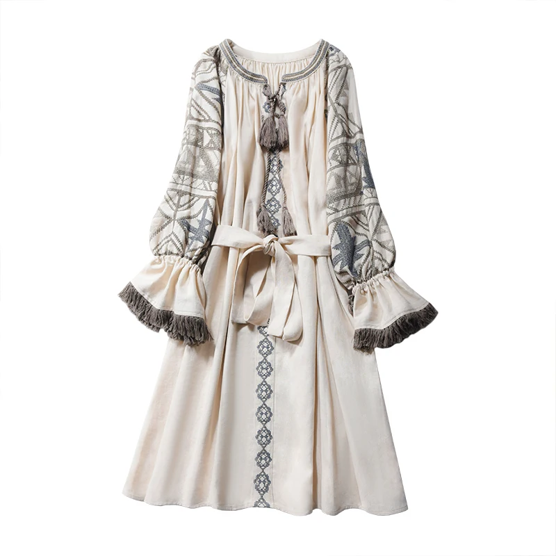 New arrival Cotton linen dress women long fringe sleeve Ukraine dress female Embroidered tassels belt boho dress vestidos 2019
New arrival Cotton linen dress women long fringe sleeve Ukraine dress female Embroidered tassels belt boho dress vestidos 2019