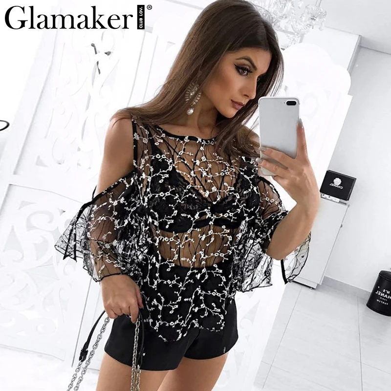 Glamaker Ruffle flower lace shirt female Transparent elegant hollow out blouse shirt women Sexy party top tees loose blouse tops
Glamaker Ruffle flower lace shirt female Transparent elegant hollow out blouse shirt women Sexy party top tees loose blouse tops