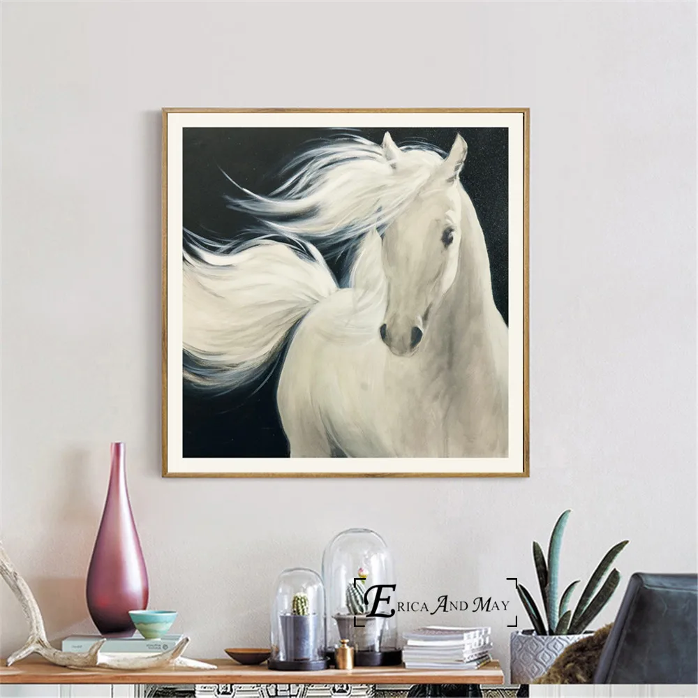 Красивая Белая лошадь картина маслом Постер и печать холст художественная